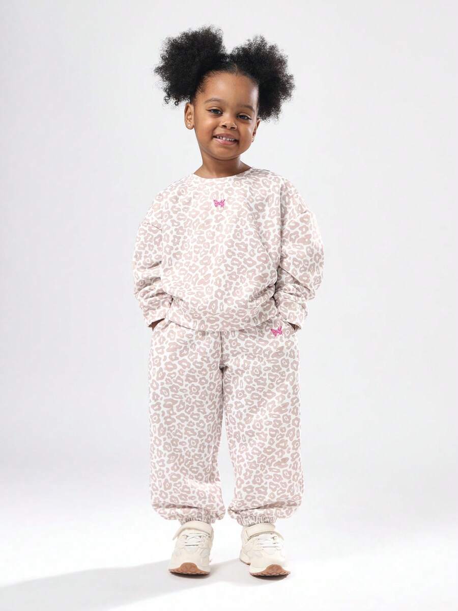 SUMWON 儿童动物纹印花套装，豹纹图案宽松卫衣和运动裤两件套，冬季休闲装，饰有粉色蝴蝶图案，适合度假穿着。 - 卡其色 - 查看 1