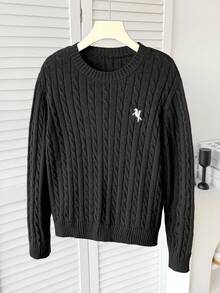 SHEIN Tween Boy Jacquard Embroidered Pattern Sweatshirt,Vintage Black And White,Autumn School Back-To-School,Fall Winter Solid Color Boy's Sweatshirt - Black - View 7