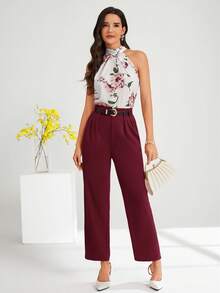 SHEIN Clasi 秋冬女士优雅纯色高腰办公室裤 - 紫紅色 - 查看 11