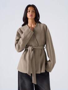 LYSMO Áo khoác dài tay màu trơn dành cho nữ có thiết kế khăn buộc eo, mùa thu/đông - Màu Khaki - Xem 4