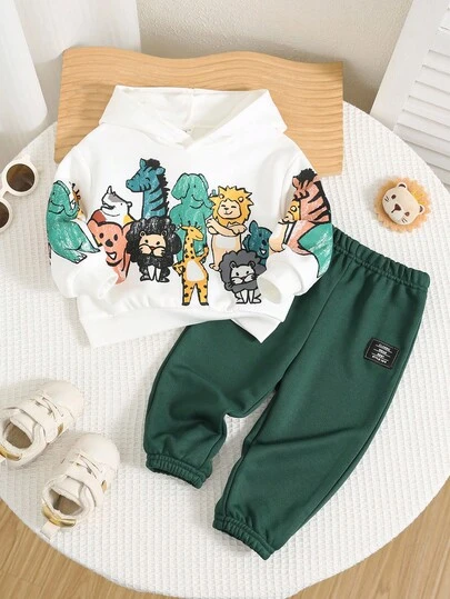 SHEIN 2 件套男婴/女婴休闲可爱蜡笔动物印花连帽衫和运动裤套装，宽松柔软针织套头衫和裤子，适合居家和户外，适合秋冬季