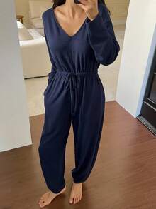DAZY Solid Color Cinched Waist Jumpsuit For Women, Loungewear, Fall Pajama - Navy Blue - View 5