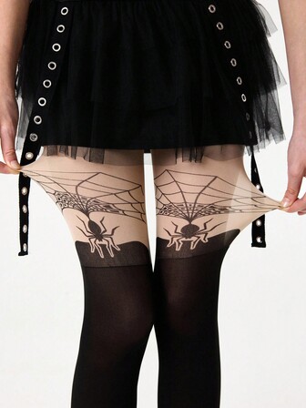 Grunge Punk 1 Paio di collant con motivo a ragnatela, stile minimalista Y2K, collant bicolore nero e tono pelle, leggings trasparenti ultra-sottili ed elastici
