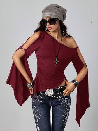 Hippie Vintage Asymmetric Shoulder Cinched Waist Flare Sleeve Casual Bat Wing Women T-Shirt