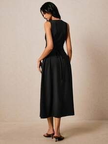 Poéselle Váy không tay cài nút phía trước màu trơn đơn giản dành cho nữ, mùa hè - màu đen - Xem 2