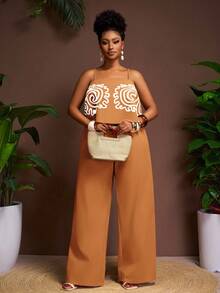 Veslaya 2025新款夏季无袖独家度假复古线条图案吊带背心上衣+直筒/阔腿裤套装 - 紅木色 - 查看 2