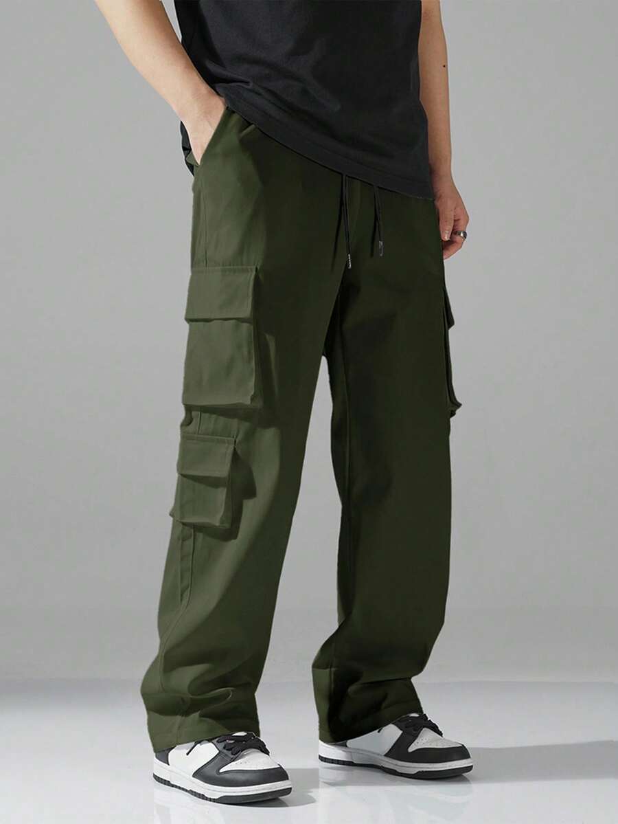 Manfinity Hypemode 男士纯色抽绳腰多口袋直筒宽松裤，适合秋季 - 橄欖綠 - 查看 1