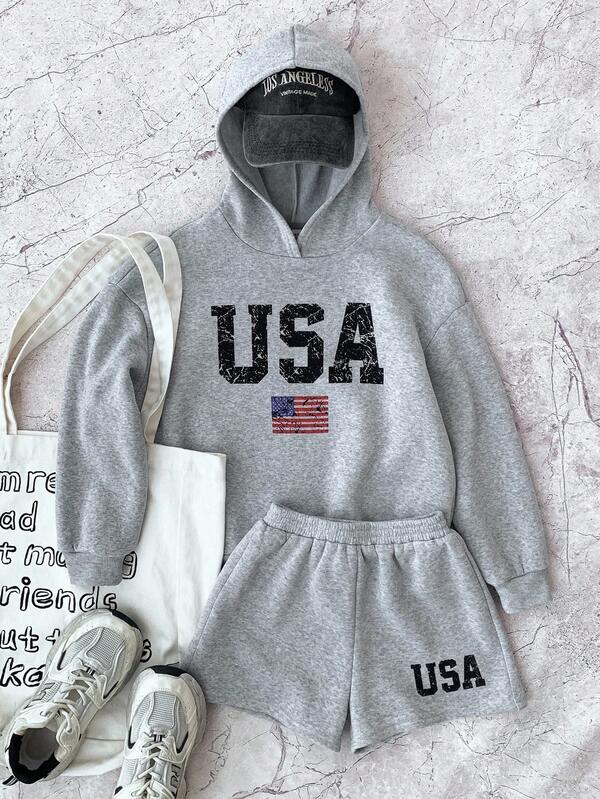 SHEIN Tween Girl Grey & Dark Grey Long Sleeve Knit Top With Loose Cargo Pants 2 Pieces Outfit, Casual Street Wear For Autumn & Winter Fall