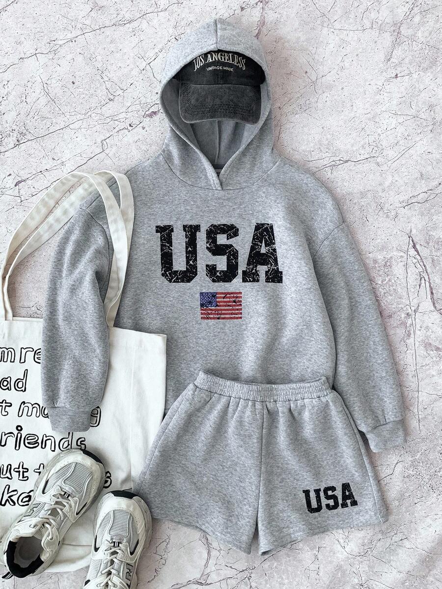 SHEIN Tween Girl Grey & Dark Grey Long Sleeve Knit Top With Loose Cargo Pants 2 Pieces Outfit, Casual Street Wear For Autumn & Winter Fall