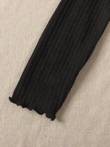 SHEIN Tween Girl Casual Everyday Ribbed Collar Ruffle Trim Fitted Cardigan Fall Winter - Black - View 4