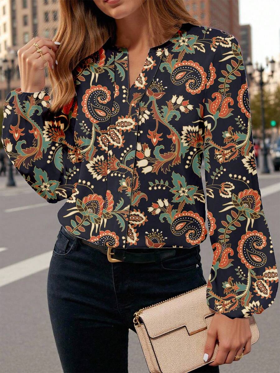 Shutterstock Glamance 女士休闲佩斯利图案长袖衬衫，宽松通勤衬衫，适合秋冬季 - 彩色 - 查看 1