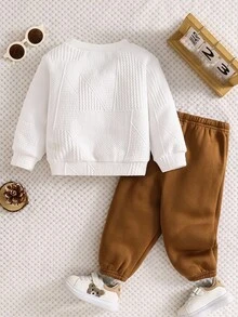 2件套男婴休闲白色长袖卫衣和松紧腰运动裤套装，男女通用婴儿服装，男婴冬季服装，男婴休闲套装，男婴服装套装，男婴冬季套装，男婴秋季套装 - 彩色 - 查看 2