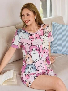 Softscene Ins 可爱猫咪印花家庭睡衣套装女士猫咪睡衣套装女士猫咪印花睡衣套装女士可爱睡衣短套装女士粉色睡衣套装女士睡衣套装短套装女士短袖睡衣套装夏季睡衣套装女士睡衣短套装休闲套装女士短套装 - 彩色 - 查看 6
