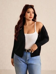 Elaquor Chaqueta de punto con botones de talla grande, para el invierno - Negro - Ver 5
