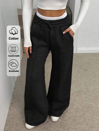 SHEIN PETITE Petite Size Women Cotton Line Women Belt Detailed Wide Leg Solid Color Sweatpants