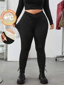 SHEIN EZwear 2 Stück/Set Fitness Sport Leggings mit hoher Taille und Kreuzgurt, thermisch gefüttert, Lässig & Große Größen, Schwarz & Grau, thermisch gefütterte Leggings für Herbst/Winter, Leggings in Große Größen, thermisch gefütterte Leggings in Große Größen - Schwarz - Übersicht 3