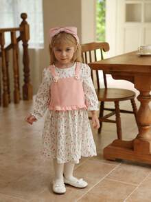 Vintaside Kids 2pcs/Set Toddler Girls Comfortable Casual Knit Floral Decor Vest And Long Sleeve Floral Print Dress Outfit, Suitable For Autumn/Winter Daily Wear Fall - Multicolor - View 10
