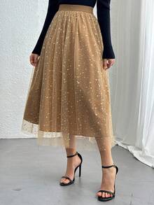DAZY Chân váy xòe eo chun đính sequin thanh lịch dành cho nữ, thích hợp cho mùa thu, năm mới và lễ hội. - Hồng - Xem 1
