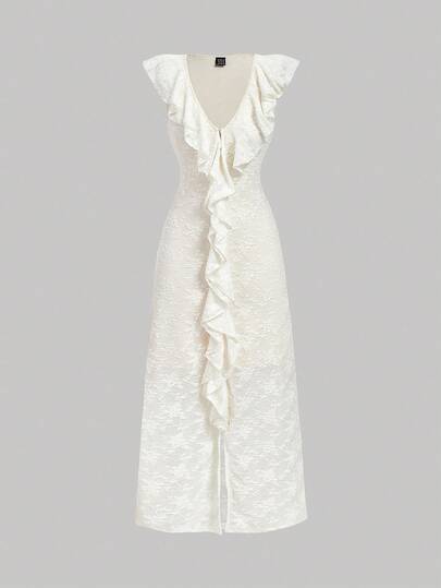 SHEIN MOD Women's Fashionable Elegant Ruffle V-Neck Mid-Length Dress