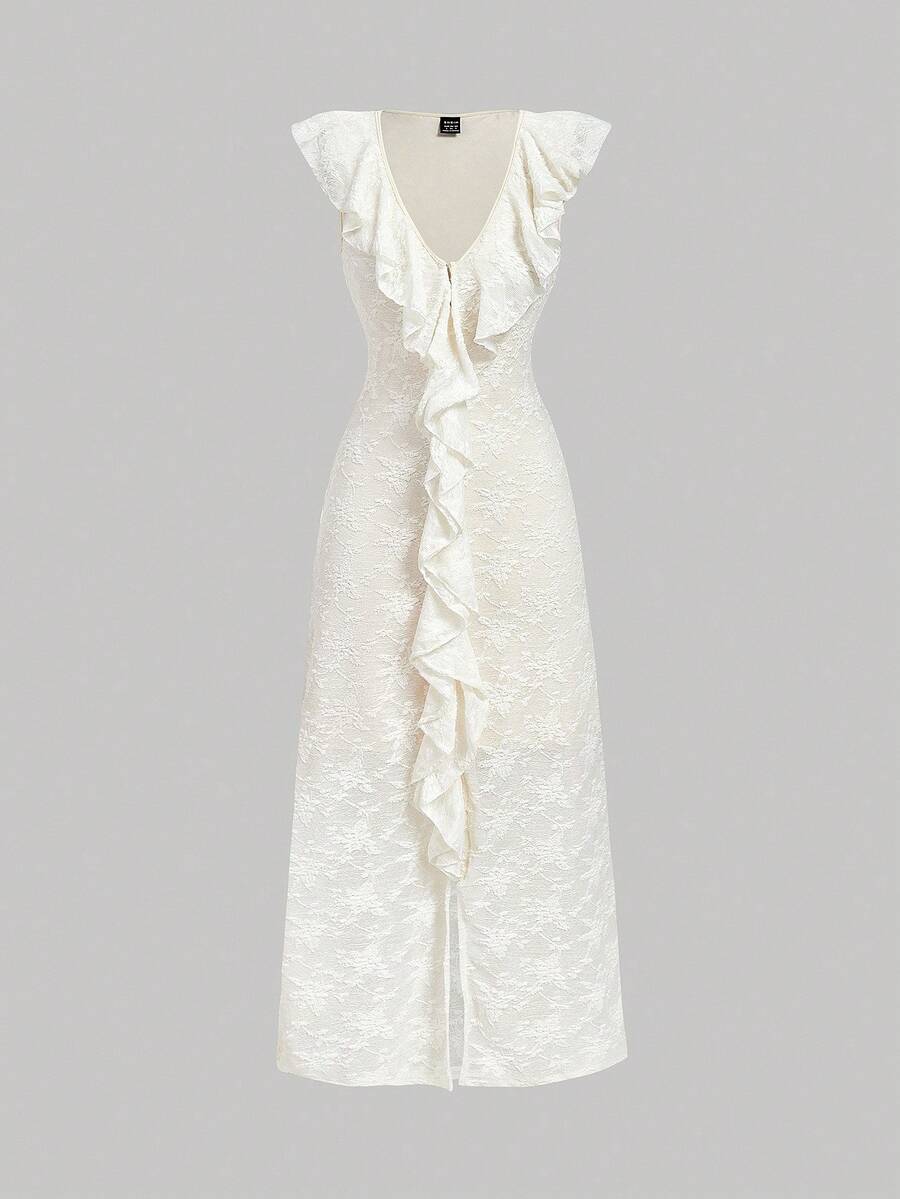 SHEIN MOD 女士时尚优雅荷叶边V领中长连衣裙 - 米色 - 查看 1