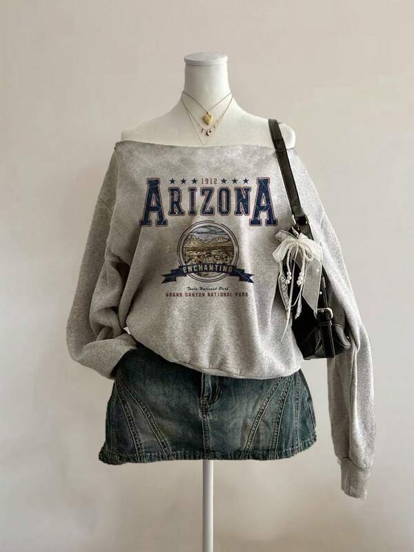 Attitoon Minimalist Grunge American Landscape Slogan Print Ruched Waist Off-Shoulder Long Sleeve Sweatshirt. Perfect For Summer And Retro Fall Wardrobes, Vacation, Casual Streetwear, Graduation, Teacher Outfits, Back To School, Autumn And Winter Seasons.,