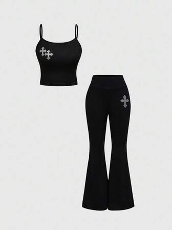 Goth 2 pezzi Set di canottiera e pantaloncini elasticizzati in maglia con decorazione di strass per donne