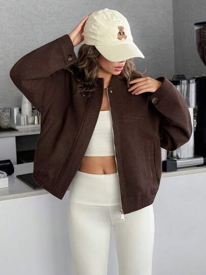 EURMUSE Women's Cropped Bomber Jacket With Elastic Hem And Minimalist Design, Stylish And Versatile Outerwea Brown Jacket Crop Jacket Brown Bomber Jacket Chocolate Brown Jacket Womens Brown Jacket Short Jacket Zipper Jacket