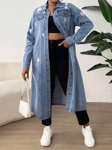 SHEIN Tween Girls 1pc Flap Pocket Casual Washed Ripped Button Front Long Sleeve Pocket Simple Daily Denim Long Coat, Fall Winter Kids Clothes,Hot Pinks Pants, Homecoming Pants, Baggy Jeans, Baggy Girl Jeans, Low Rise Jeans,Business Casual Style Girls Jeans,Fall Clothes Cargo Pants