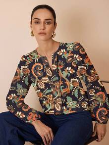 Shutterstock Glamance 女士休闲佩斯利图案长袖衬衫，宽松通勤衬衫，适合秋冬季 - 彩色 - 查看 3
