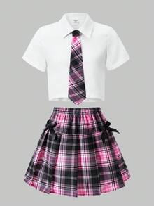 SHEIN Explorewe 2 件套青少年女孩甜美宽松设计领衬衫配领带和全身印花格子褶皱迷你裙套装，适合日常、休闲、度假、聚会