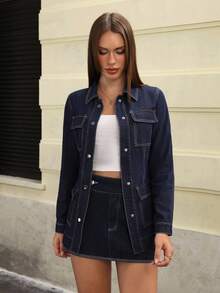 Jeanoix 女式休闲纽扣式多口袋牛仔夹克，秋季 - 深色水洗藍 - 查看 5