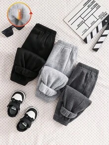 SHEIN 3 件套男婴休闲纯色松紧腰针织裤，男女通用婴儿慢跑裤，百搭长裤，婴儿冬装
