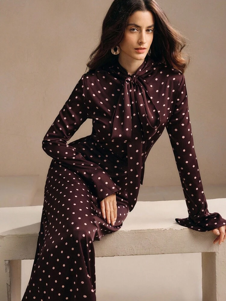 Vacation-Inspired Elegant Commuter Brown & Pink Polka Dot Print Collar Bow Decor Long Sleeve Ruffle Sleeve Women Casual Shirt + High Waist Straight Women Skirt 2-Piece Set, Suitable For Spring, Summer, Going Out, Elegant, Formal, Party, Chic, New Year, Christmas, Graduation