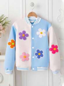 SHEIN Girls' Casual Colorful 3D Floral Contrast Color Baseball Jacket, Spring/Autumn Fall Winter - Blue - View 6