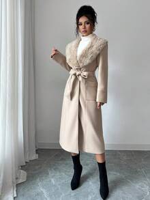 Elenzga 女式优雅狐狸装饰收腰长袖外套，秋冬 - 咖啡棕 - 查看 5