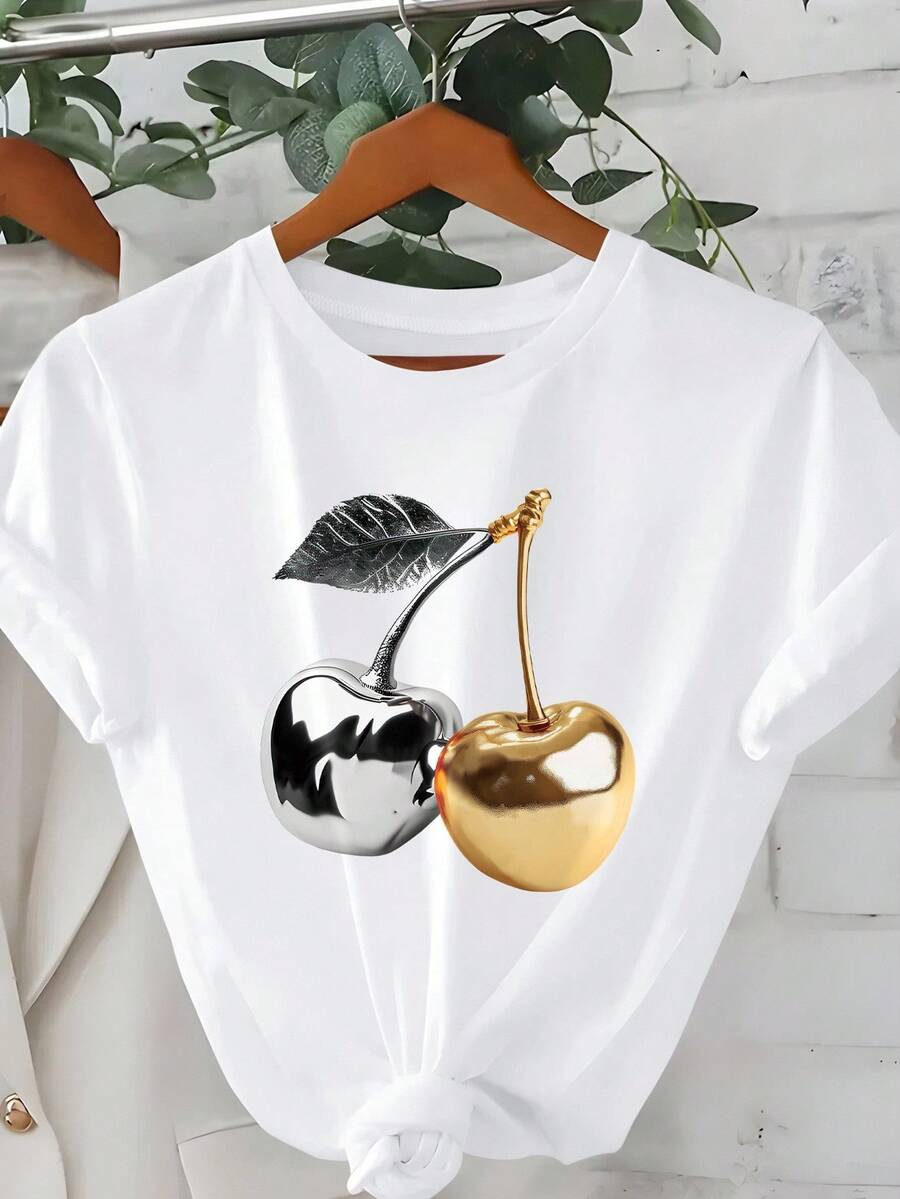 EMERY ROSE Plus Size White Graphic Short Sleeve T-Shirt, Streetwear Style, Cute Summer Top - White - View 1