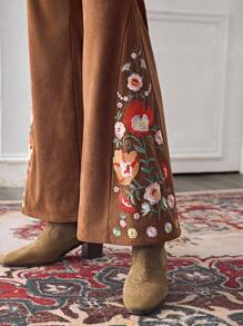 LanaWest Women's Western Casual Coffee Brown Embroidered Flare Pants, LanaWes Fall Cloth For Women