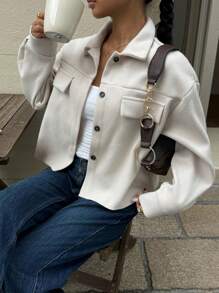 Siren Gaze 秋冬款翻盖口袋落肩纽扣前开襟大衣 - 杏色 - 查看 7