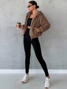 RueChic Women's Hooded Plush Jacket With Drawstring - Mocha Brown - View 3