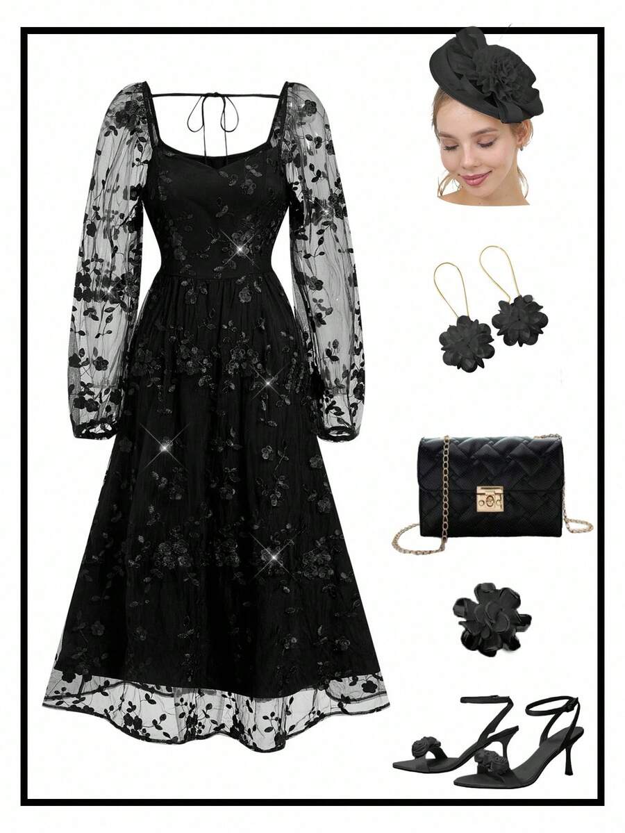 Ellevyn Vestido negro de malla bordada elegante y delicado de largo medio para mujer - Negro - Ver 1