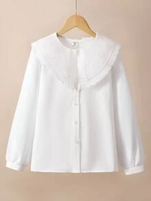 青少年女孩欧式蕾丝和网眼碎花边白色休闲衬衫 - 白色 - 查看 3