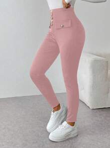 SHEIN Unity Women's Solid Color Metal Button Waist Design Skinny Casual Pants Fall Cloth For Women - Pink - View 5