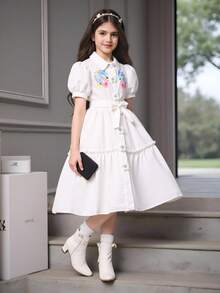 SHEIN Tween Girls' Floral Print Collar Button-Up Puff Sleeve Dress With Belt, Filipiniana Terno - White - View 1