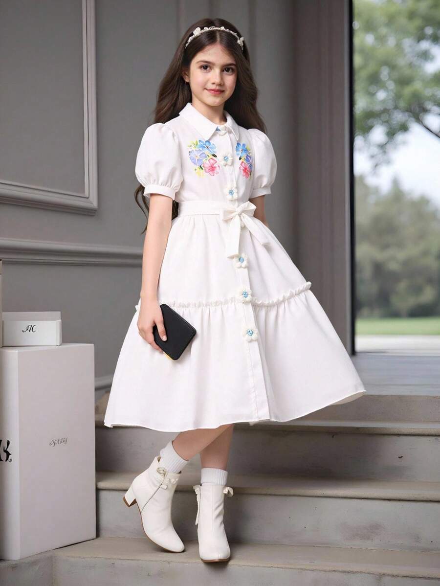 SHEIN Tween Girls' Floral Print Collar Button-Up Puff Sleeve Dress With Belt, Filipiniana Terno - White - View 1