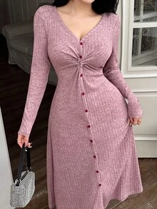 Feyla 女士休闲扭纹针织连衣裙 - 粉色 - 查看 1