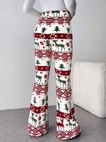 Firerie 女士新款优雅休闲圣诞风格裤子，秋冬休闲优雅居家户外保暖内衬双面抓绒泰迪抓绒，多色红绿圣诞图案印花高腰喇叭裤，秋季女装 - 彩色 - 查看 5