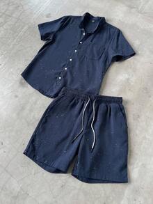 Manfinity Homme 男士华夫格纹理闪亮纽扣衬衫和短裤套装 - 藏蓝色 - 查看 6