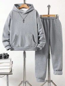 Vacaura 2pcs/Set Teenage Boys Casual Outdoor Hoodie Sweatshirt And Drawstring Sweatpants, Grey, Autumn/Winter Fall