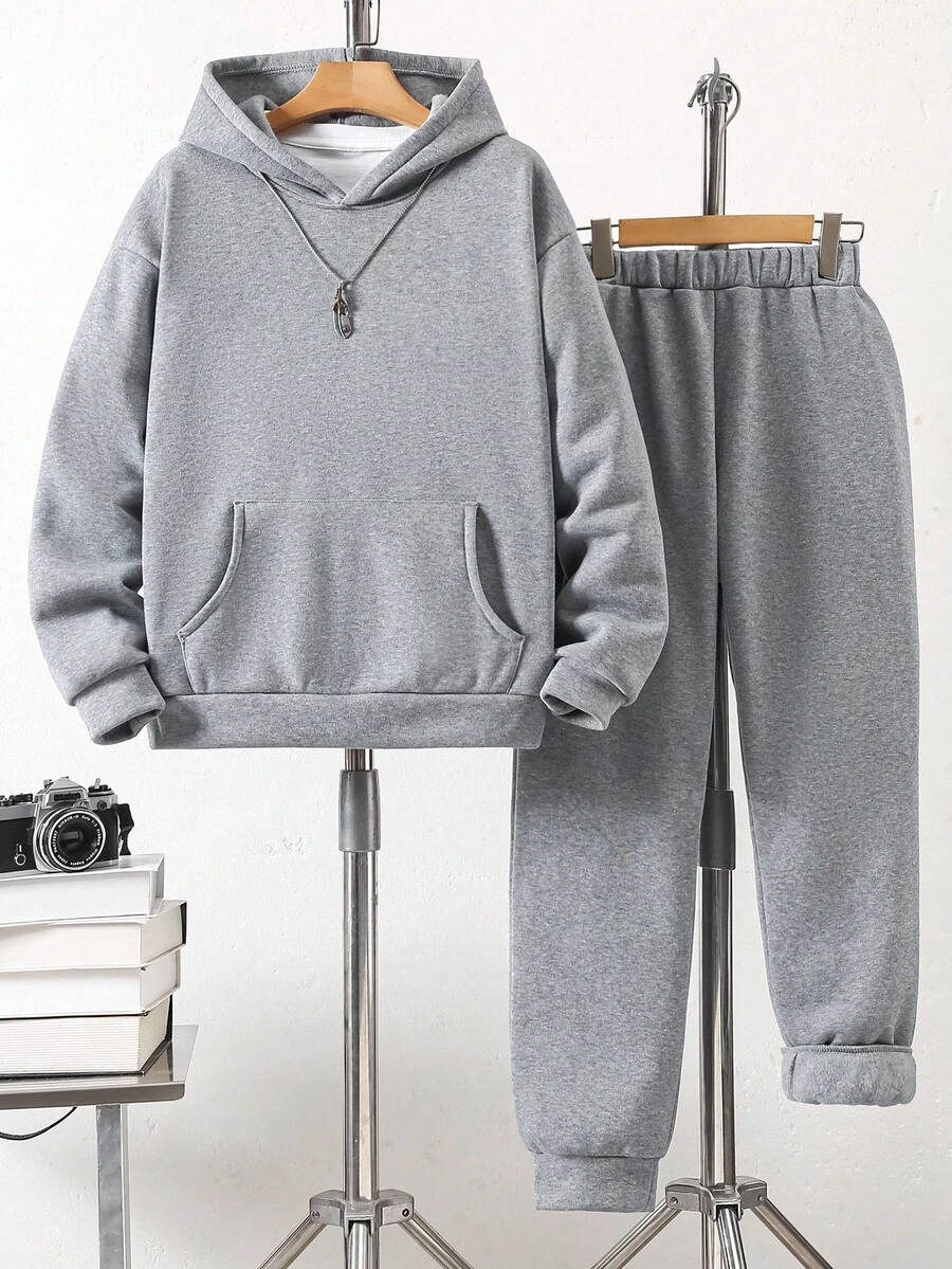 Vacaura 2pcs/Set Teenage Boys Casual Streetwear Outdoor Hoodie Sweatshirt And Drawstring Sweatpants, Grey, Autumn/Winter Fall - Dark Grey - View 1