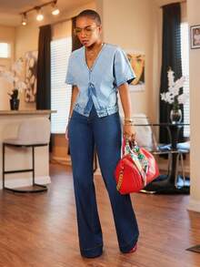Slaydiva Veste en jean vintage à manches courtes pour femmes grande taille